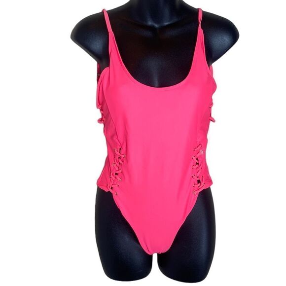 Tinibikini hot pink open back lace up front and side one piece bathing suit med - Picture 1 of 6